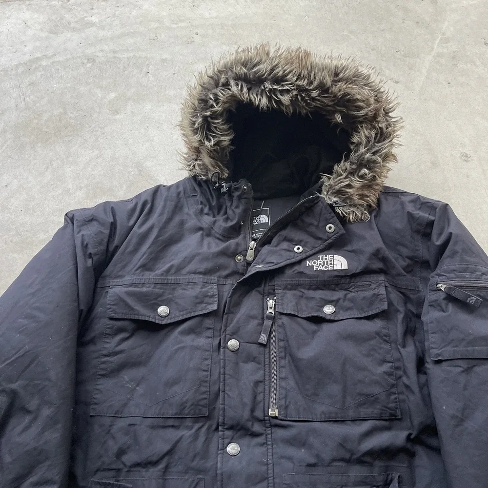 The‎ North Face Gotham Mens Large Black Down Hooded Bomber Jacket Faux Fur Hood